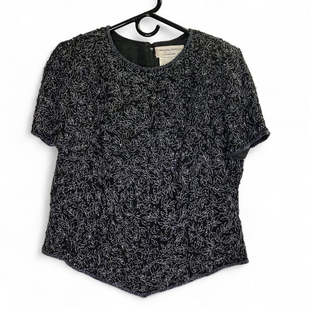 Vintage Adrianna-papell Silk Lined Black Beaded Glam Blouse Size 12